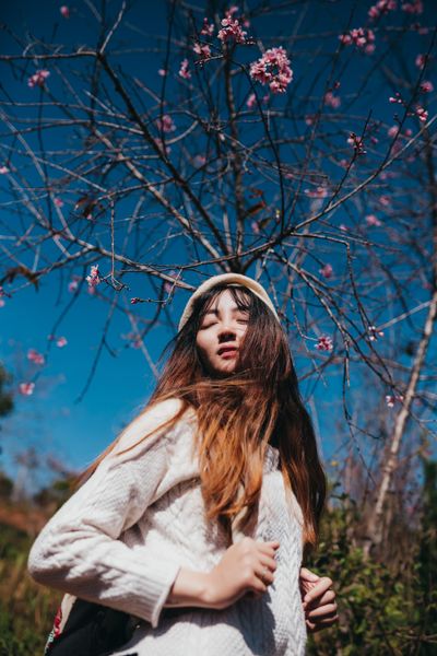 woman standing by tree blossoming with pink flowers